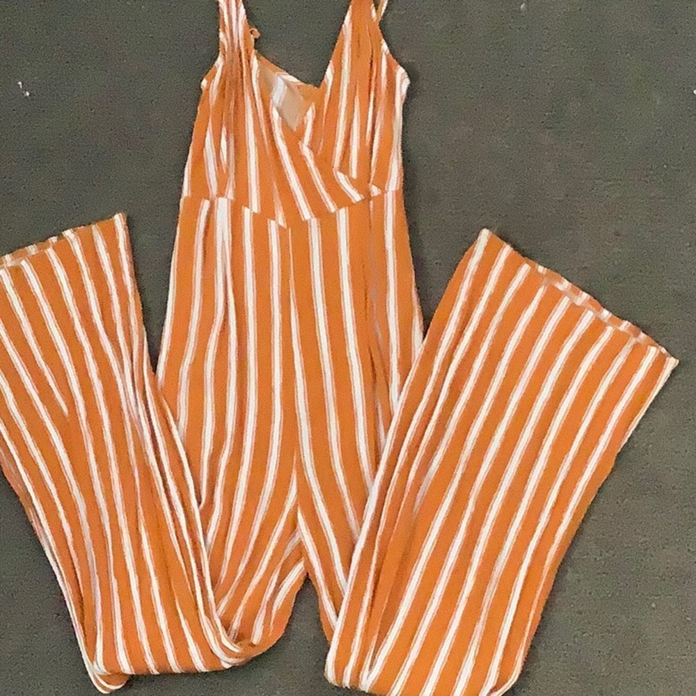ORANGE AND WHITE STRIPED FLARE LEG ROMPER